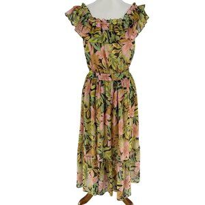 Lavender Brown Floral Off-Shoulder Ruffle Maxi Dress Womens M Polyester Blend